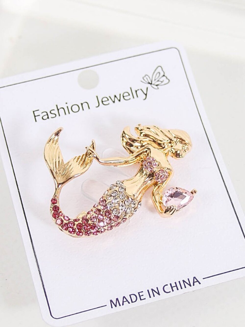 Pink Rhinestone Mermaid Brooch Pin